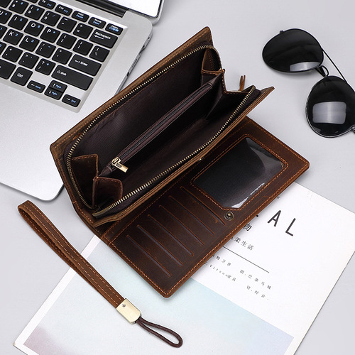 Men's Clutch Crazy Horse Leather Long Wallet Zipper Business Clutch Bag Genuine Leather Clutch Men's New Style
