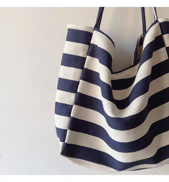 Contrast Stripe Canvas Tote Bag, Large Capacity Shoulder Bag_voghion.com
