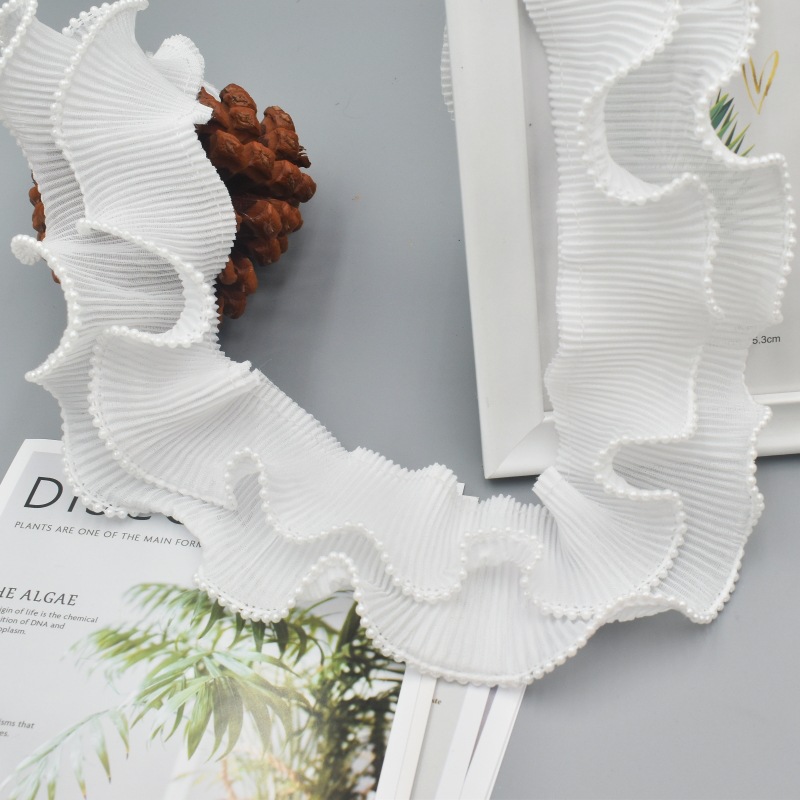 现货7cm双层雪纺荷叶边手工服装服饰辅料珍珠链条褶皱花边