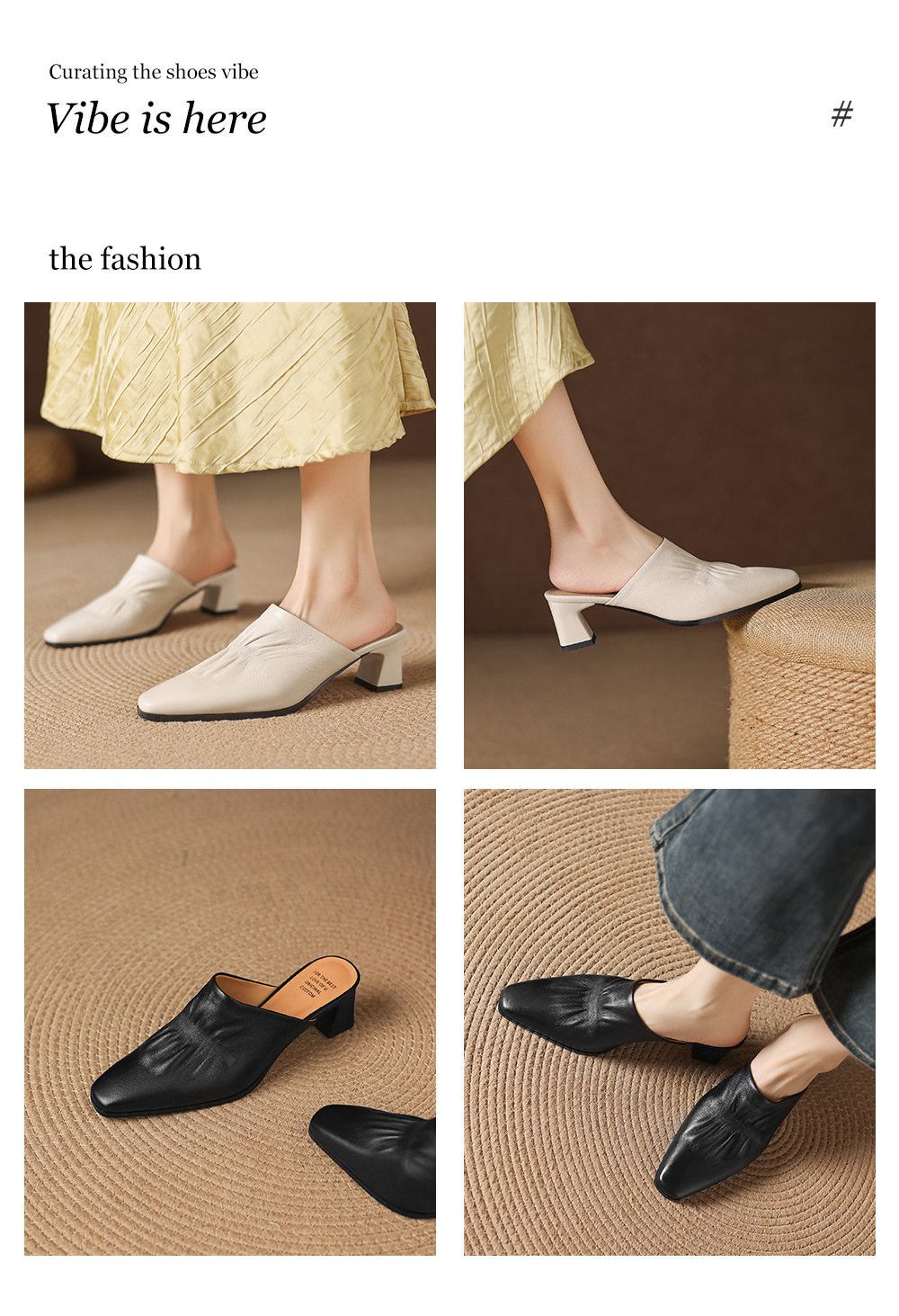 Sandal nữ bít mũi hở gót cao gót thô 5 cm, da bò mùa xuân hè — đen chi tiết 1