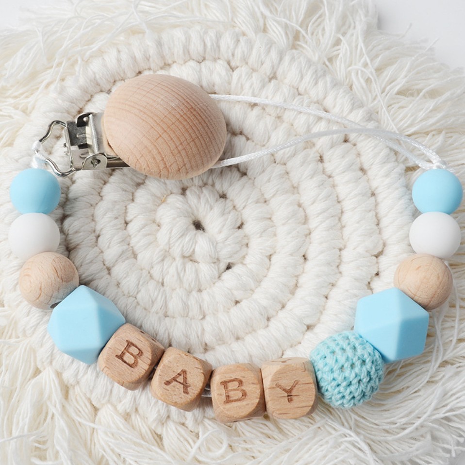 Baby beech tetina clip de cabello crochet anti-caída cadena letra beech baby silicone tetina cadena perlas de octogono