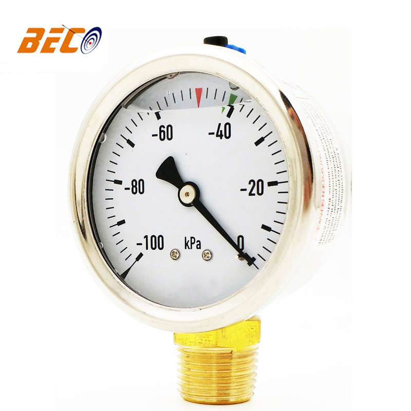 厂家直销 60mm不锈钢壳压力表-100kPa径向安装可充油真空负压压力