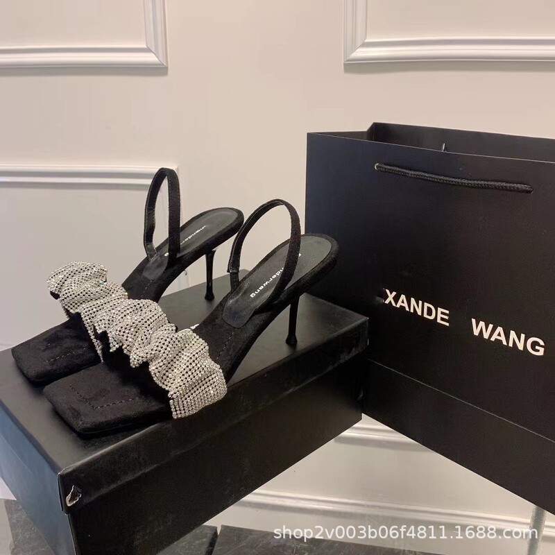 Yang Mi Dawang's Same Style 2025 Summer New Super Fairy Square Toe Slippers Rhinestone Stiletto Heels Banquet Aw Sandals