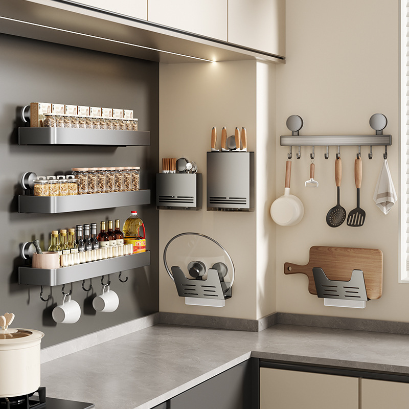 Kitchen Punch-free Suction Cup Storage Rack Wall-mounted Knife Rack Pot Cover Rack Seasoning Household Supplies Storage Rack