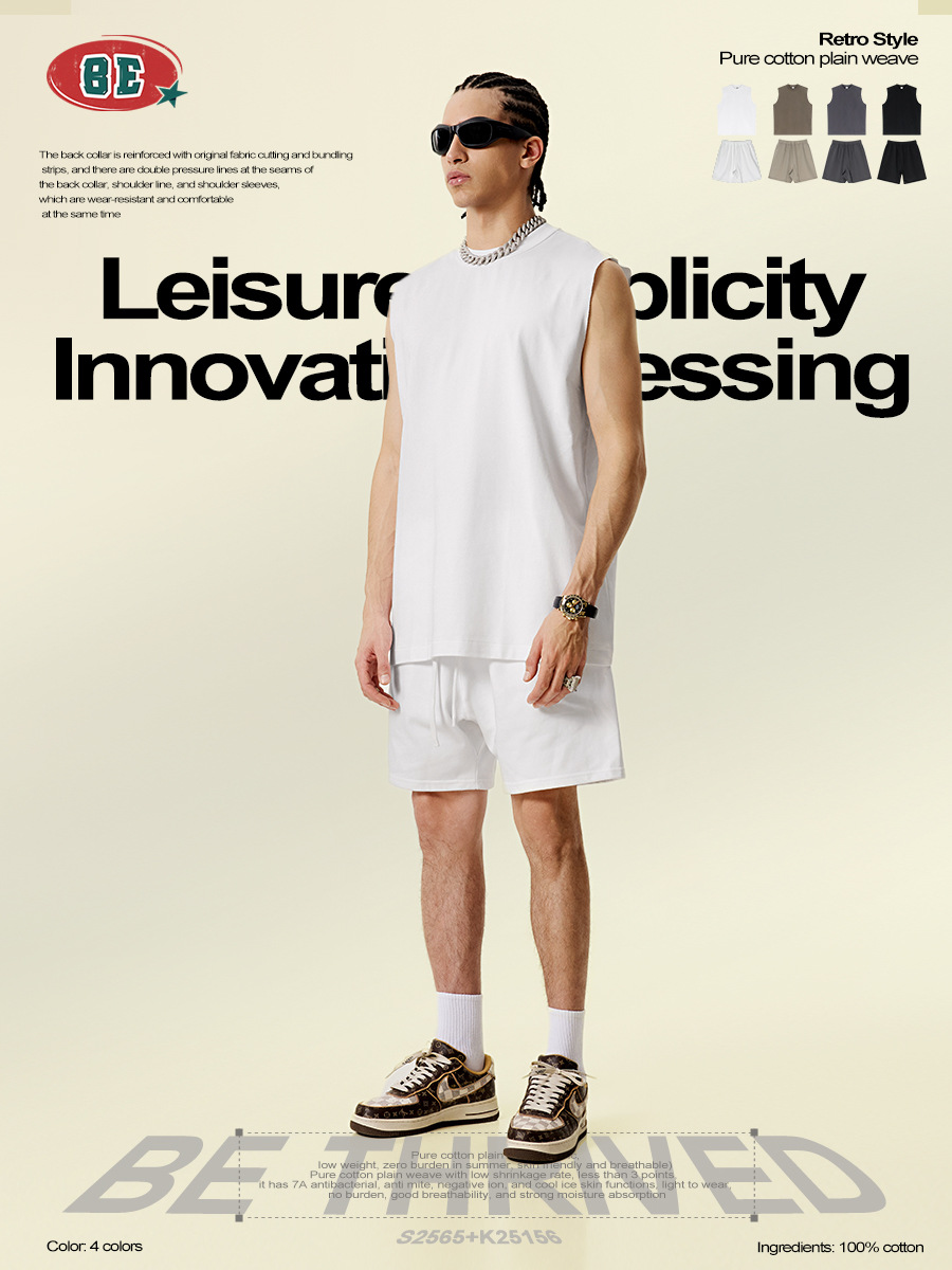 Ropa para Hombre BE | Conjunto de Verano 2025 Estilo Americano, Chaleco sin Mangas con Cuello Invertido, Camiseta Holgada y Pantalones Cortos Casuales para Hombre