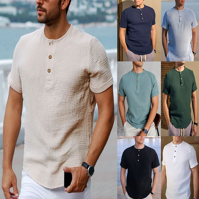 2025 Cross-Border European and American New Style Round Neck Henley Shirt Summer Casual Shirt Solid Color Fashionable Men's Pullover Top