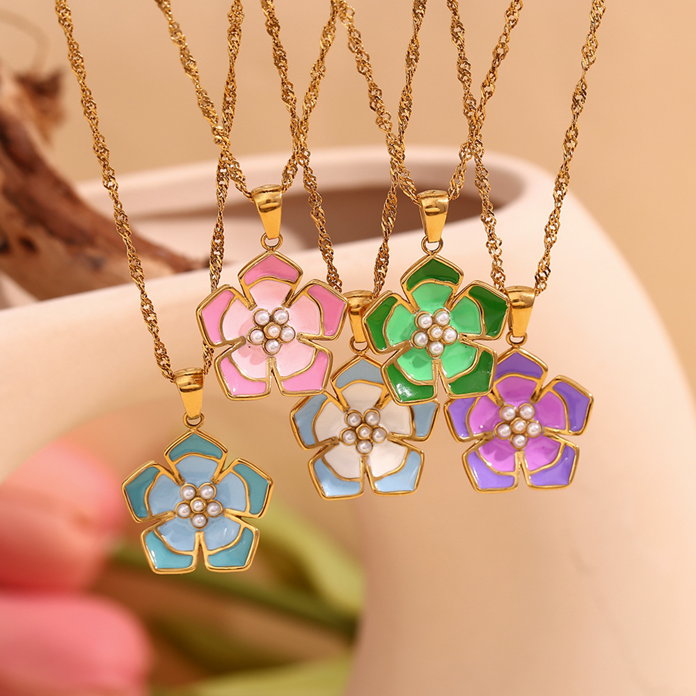 Pearl Colored Drop Oil Petal Necklace Earrings Ring Sets