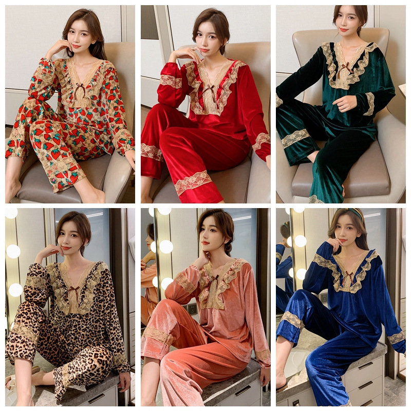 5XL plus size gold velvet pajamas women's winter 200kg cute girl heart lace princess homewear 5XL plus size gold velvet pajamas women's winter 200kg cute girl heart lace princess homewear