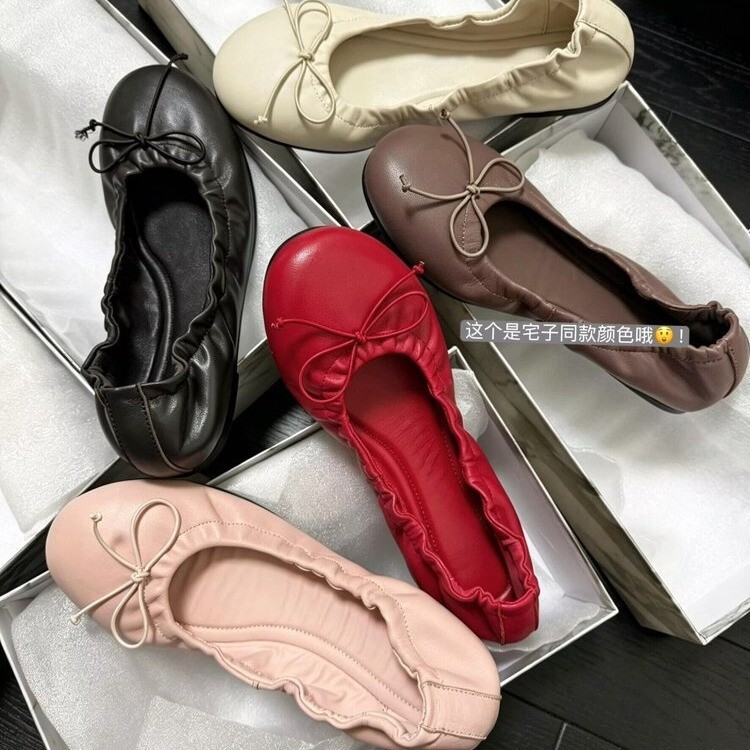 Bow-Knot Pleated Soft-Soled Ballet Flats, Women's Summer New Style Flat Slip-On Granny Shoes Bow-Knot Pleated Soft-Soled Ballet Flats, Women's Summer New Style Flat Slip-On Granny Shoes
