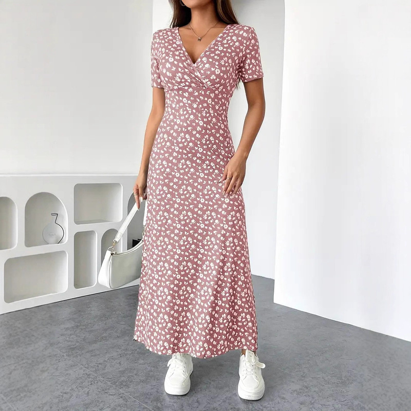 Cross-Border European and American Clothing 2025 Amazon Aliexpress Independent Autum Short-Sleeved Small Floral V Mid-Length Dress Cross-Border European and American Clothing 2025 Amazon Aliexpress Independent Autum Short-Sleeved Small Floral V Mid-Length Dress
