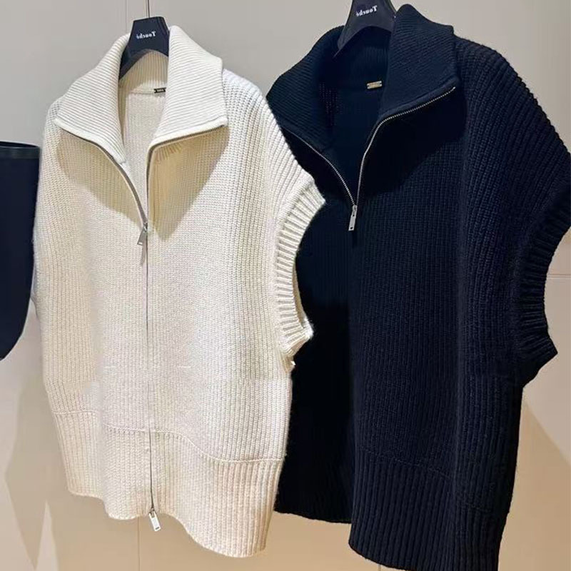 2025 New Autumn and Winter High-Neck Knitted Vest Women's Double Zipper Cardigan Sleeveless Waistcoat Sweater Wool Knitted Outerwear