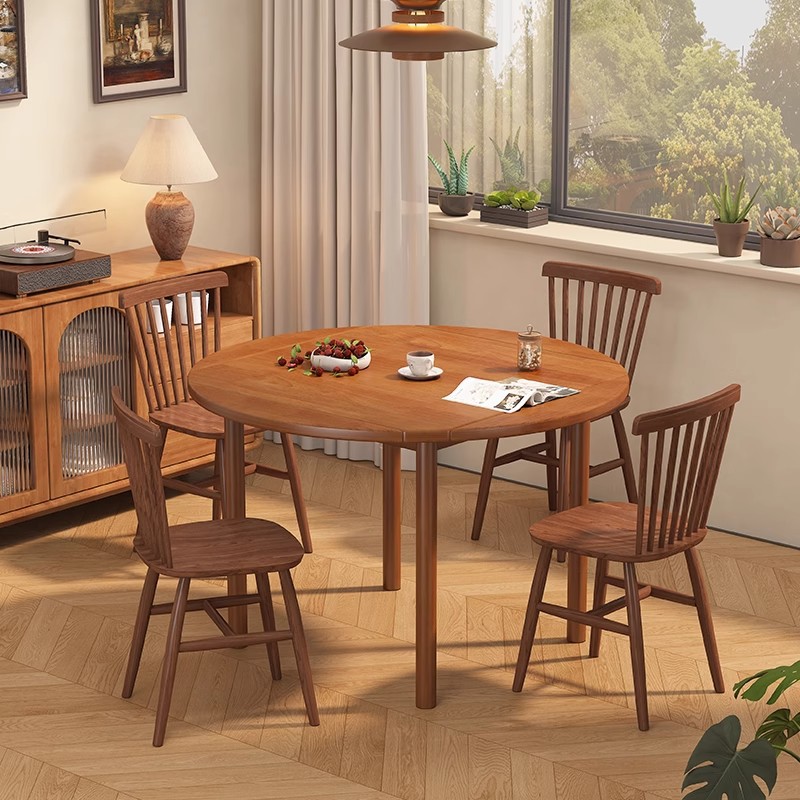 Mesa de comedor redonda plegable de madera sólida para el hogar, mesa de comedor cuadrada retráctil y silla combinada de mesa de comedor de madera de cerezo
