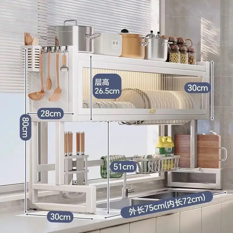 Estante de drenaje de cocina, a prueba de polvo para el hogar, estante para tanques de almacenamiento con puerta de gabinete, gabinete de drenaje transparente multiusos sin perforación