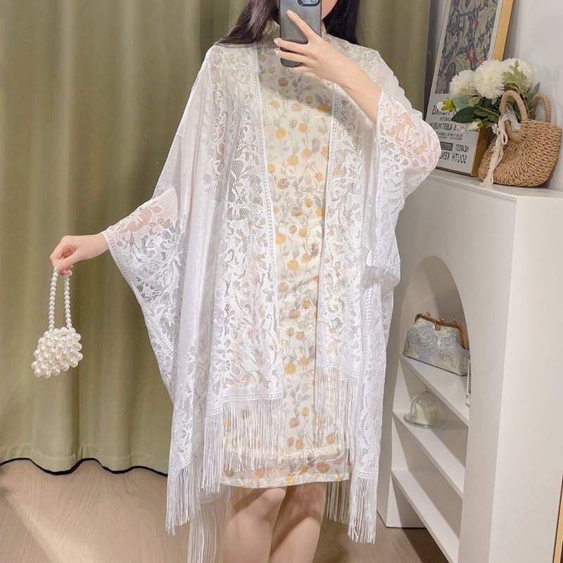 中式旗袍披肩女新款外搭开衫春夏季薄款气质蕾丝镂空流苏古风披肩|undefined