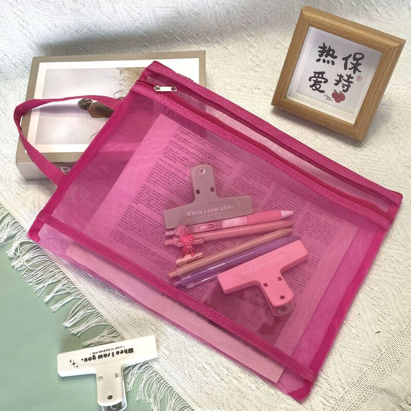 莫兰迪色A4手提双层文件袋试卷袋A6透明网纱笔袋大容量印刷logo|undefined