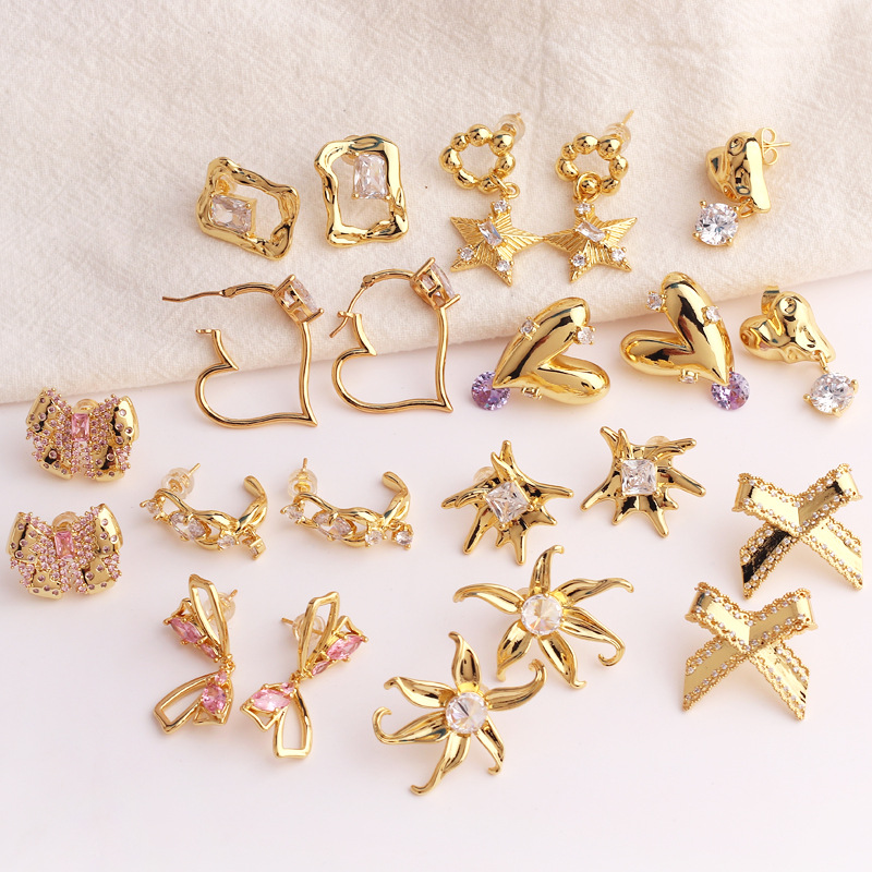 Fashion Heart Shape Bow Knot Copper Plating Inlay Zircon Ear Studs 1 Pair