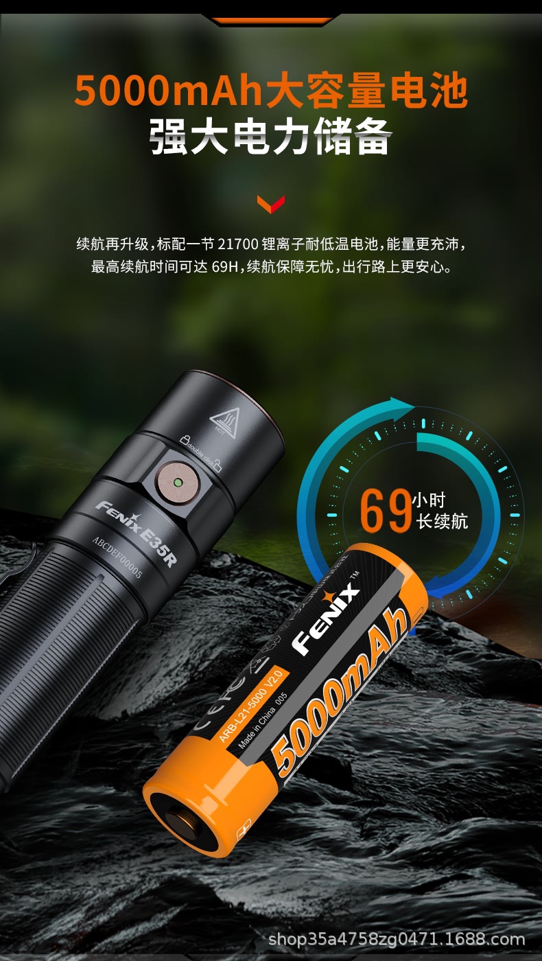 Fenix E35R high-intensity flashlight, super bright, rechargeable, waterproof, portable, suitable for outdoor use, gem identification, and jade appreciation