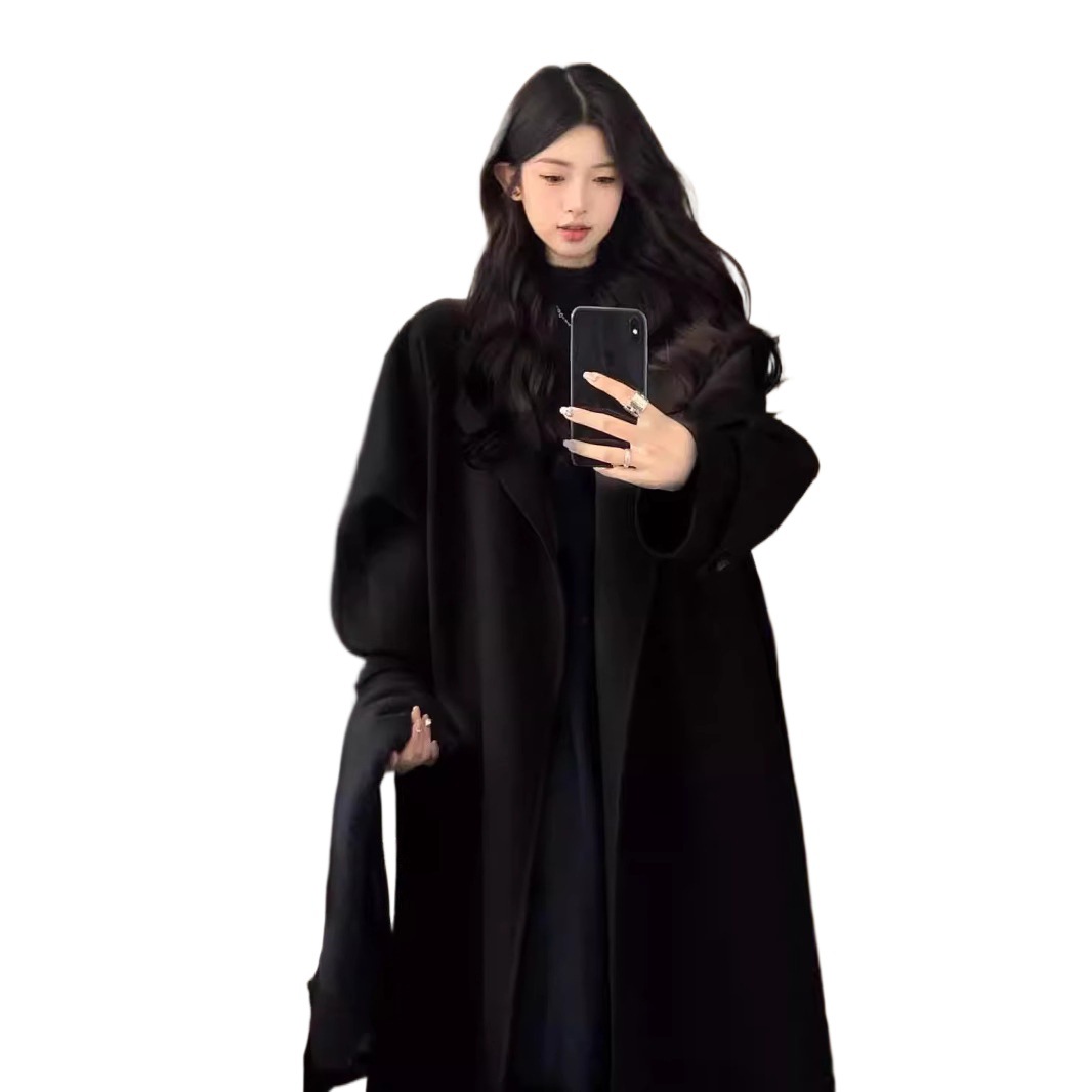 女性のための黒のウールコート2025秋冬の新しいスタイルの雰囲気のウールコート、ハイエンドの小さなミドル丈スタイル