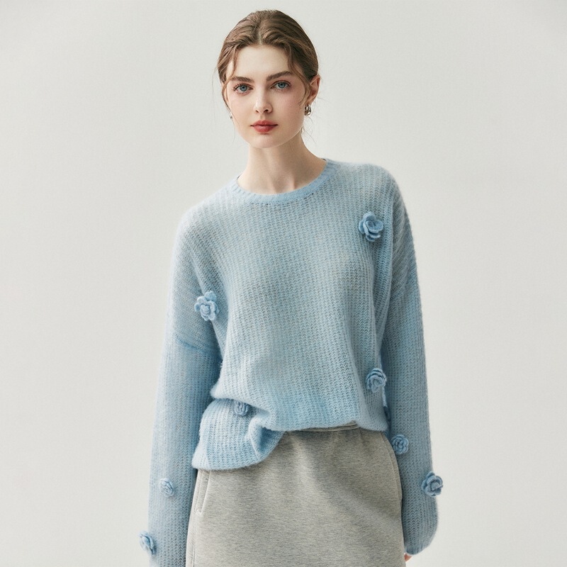 Elegant Charm~Velvet Cashmere Knitwear Women's Round Neck Off-Shoulder Lazy Style Knitwear Stereo Handmade Flower Cashmere Knitwear