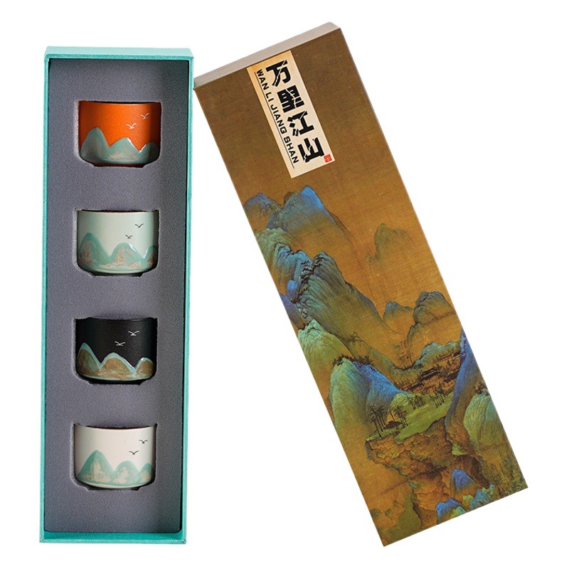 Juego de tazas de té de cerámica transformada en horno, estilo paisaje, de las dinastías Tang y Song, taza maestra de los Mil Millas de Montañas y Ríos, juego de caja de regalo con taza individual.