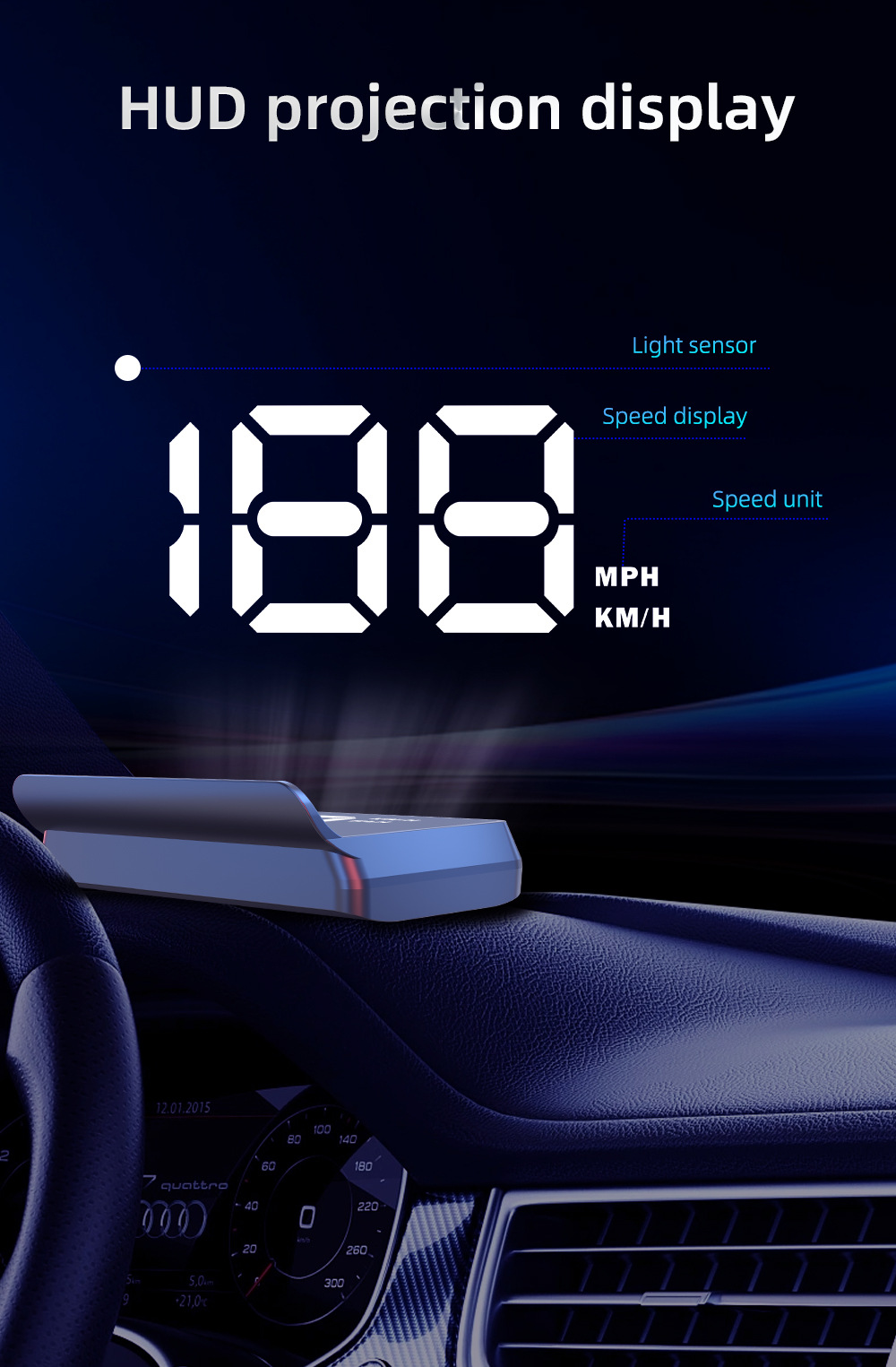 Cross-border W2 universal car HUD head-up display with Beidou satellite, adjustable speed, vehicle speedometer KMH/MPH