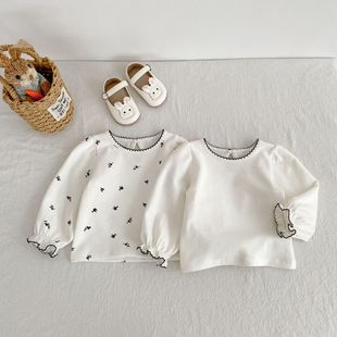 2025 Girls Ins Long-Sleeved Spring and Autum New Style Kidsren's Baby Drawstring Dog Tooth Puff Sleeve Bottoming Shirt Top