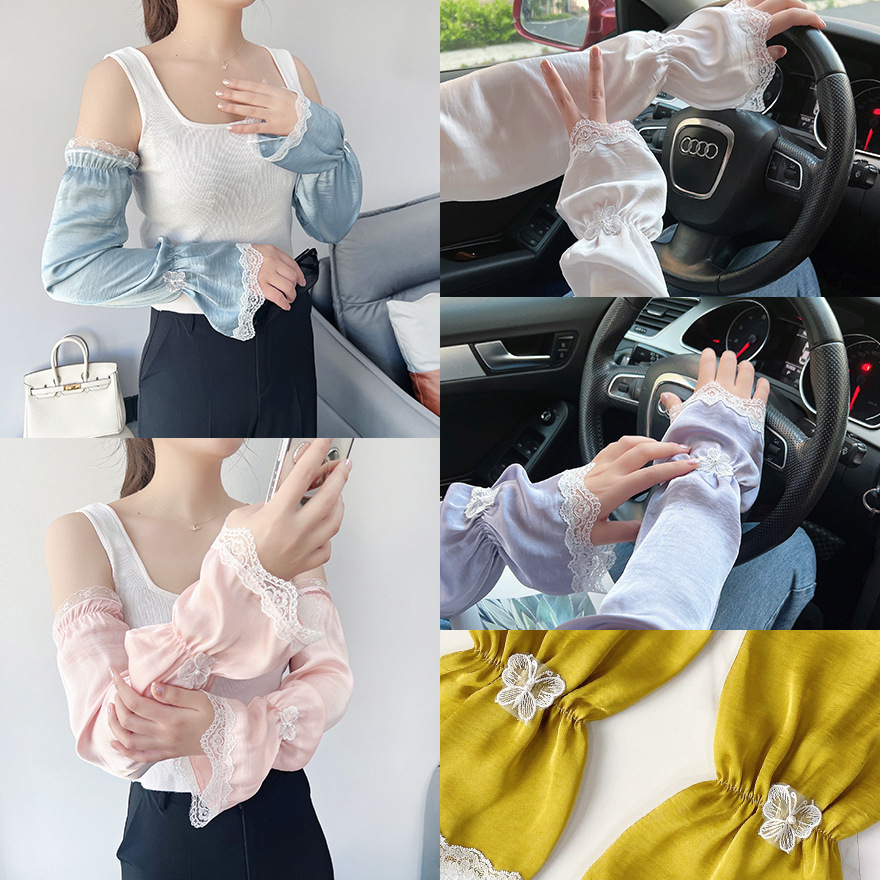 Color sólido protección solar ovisleeve verano de las mujeres suelta mariposa encaje brazo guardia mujeres al aire libre protección solar transpirable manga hielo