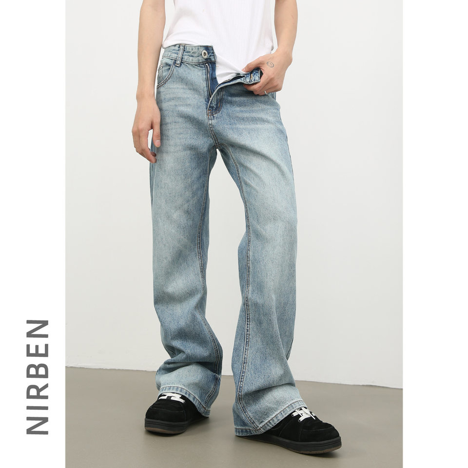 Quần jean nam ống loe nhẹ cạp vừa dáng suông rộng giặt wash cổ điển — Màu xanh lam, Đen xám