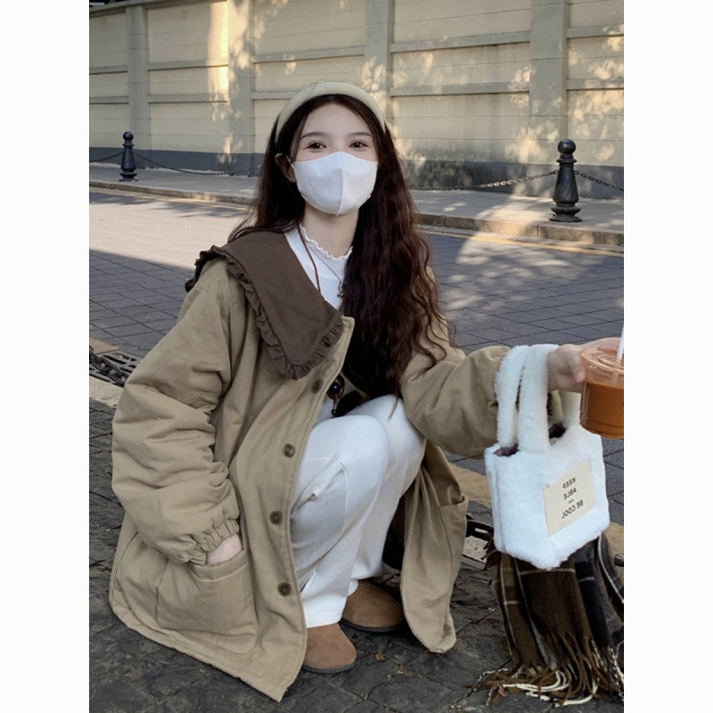 大码女装2024冬季新款胖mm韩版木耳边娃娃领拼接宽松棉衣棉服外套