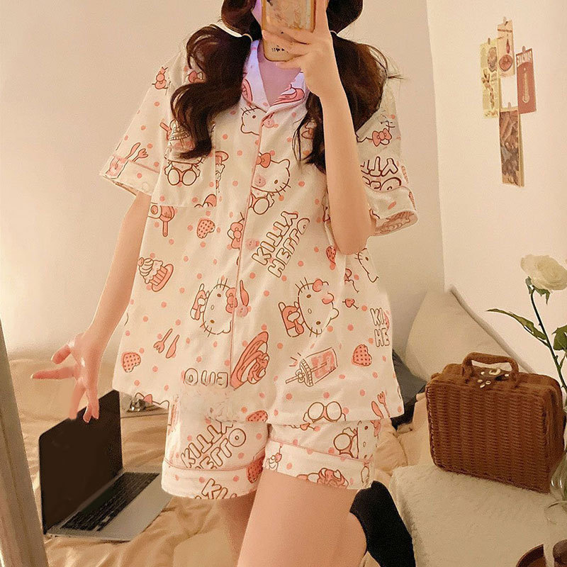일본 귀여운 헬로 키티 여성을위한 고품질 모조 코튼 가디건 반팔 잠옷 여름 하이 엔드 여성 홈웨어 세트