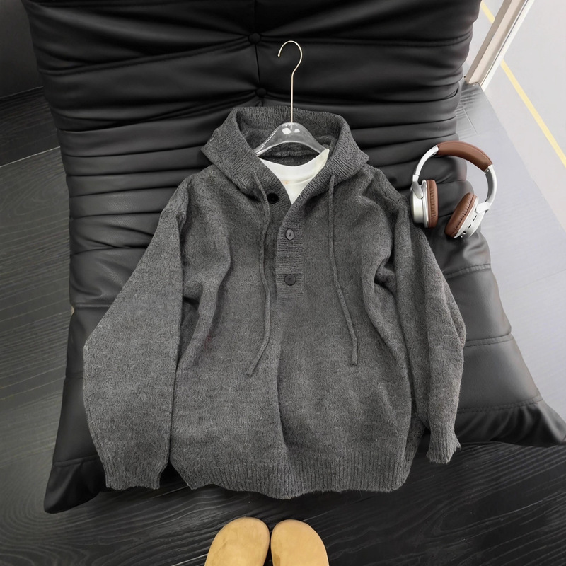 Dark Gray Hooded Henry Collar Sweater Men's Autumn and Winter Pullover Knitted Sweatshirt Lazy High-End American Jacket