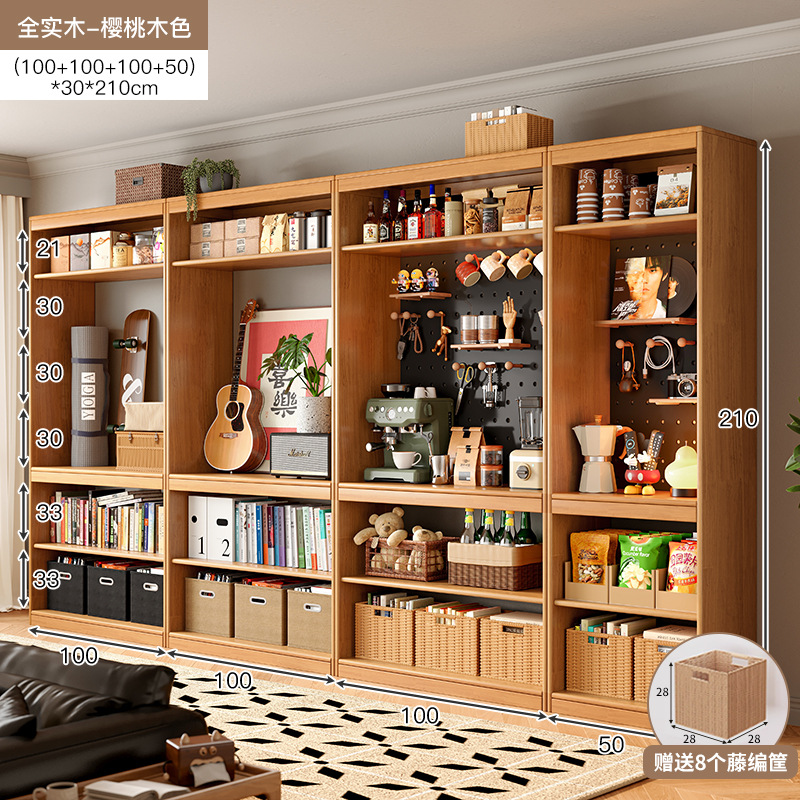 Estantes de estantería de madera maciza, piso a piso, sala de estar integrada, armario de almacenamiento de pared completa, estantería doméstica de color nogal