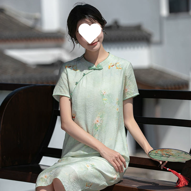 2024 новый летний стиль в китайском стиле, улучшенное легкое платье Cheongsam в китайском стиле с простым принтом, литературная и свежая девчачья юбка