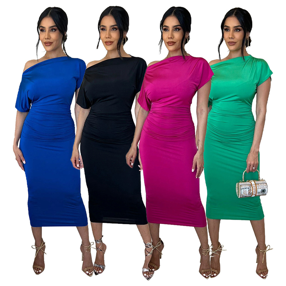 Women Clothing Popular Solid Color Pleated Slim-Fit Oblique Shoulder Dress 9 Women Clothing Popular Solid Color Pleated Slim-Fit Oblique Shoulder Dress