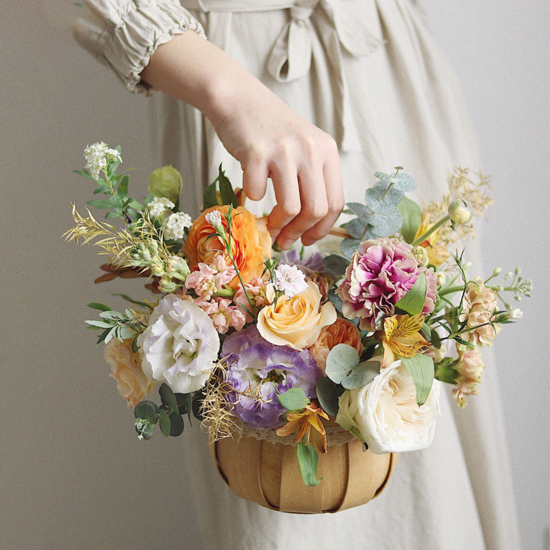 韩式迷你木片手提花篮蕾丝花边圆形花篮鲜花花艺插花篮手工编织篮