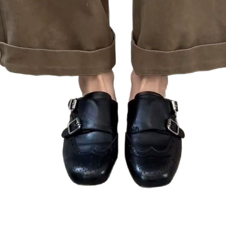 Giày lười nữ mũi vuông da thật kiểu Brogue hai hàng khóa, đế bằng — Màu nâu, màu đen