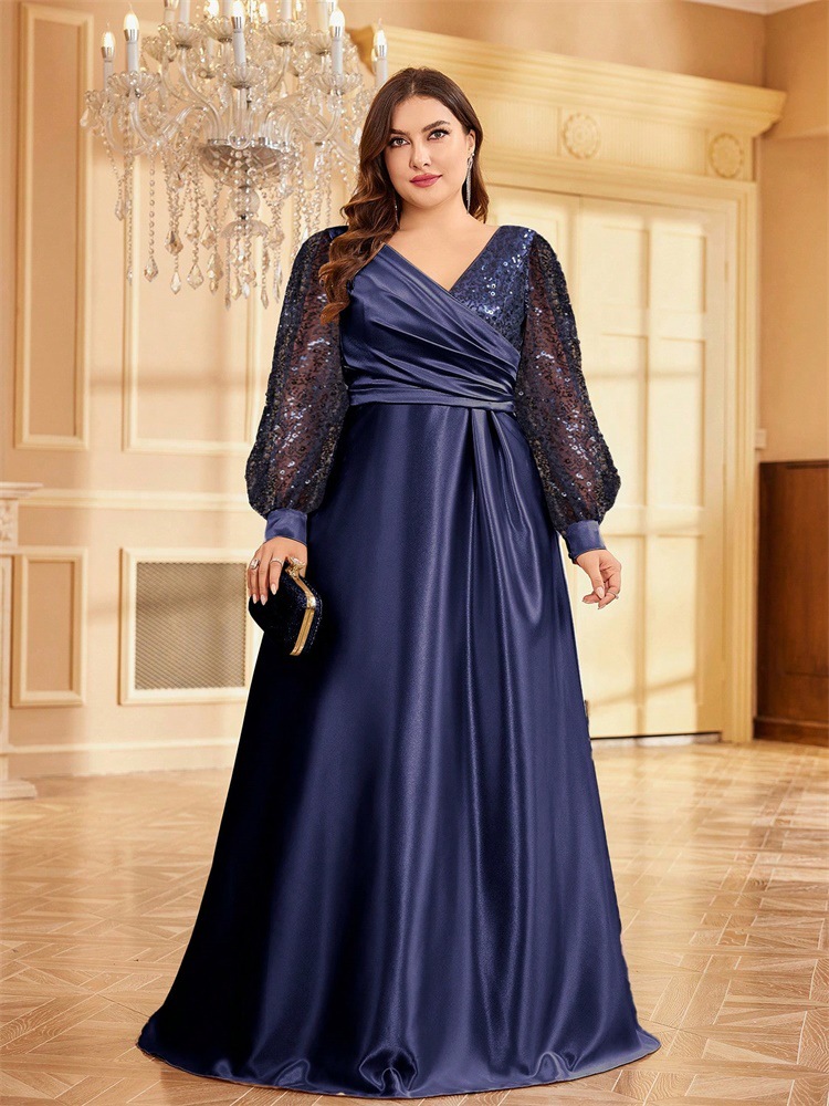 ChicShe Cross-Border Neues elegantes Plus-Size-Kleid aus Satin mit Pailletten, langen Ärmeln, V-Ausschnitt, schmal geschnitten, für Brautjungfern, Bankette und Abendveranstaltungen_voghion.com
