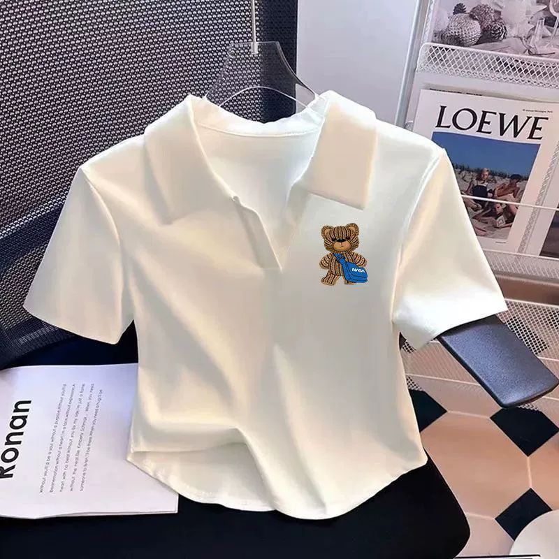 Белая футболка с короткими рукавами и лацканами для женщин, короткая рубашка-поло в корейском стиле с принтом медведя, тонкий сексуальный топ из хлопка