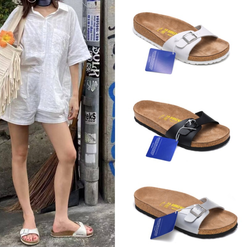 【Wide Version】Bk Birkenstock Shoes Madrid Genuine Leather Cork Slip-On Sandals Birkenstock Outdoor Beach Sandals for Women Spring