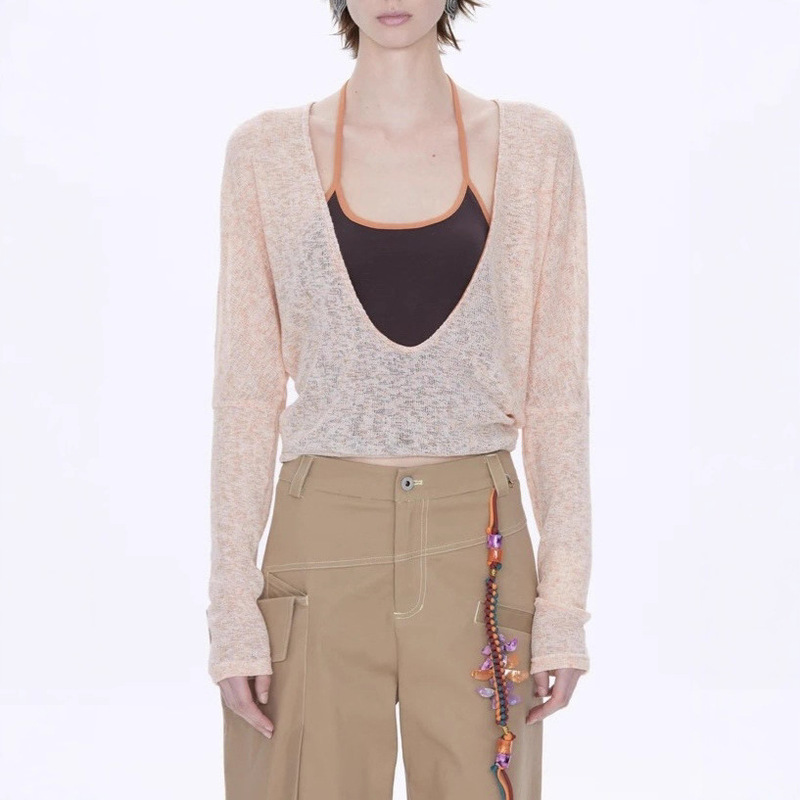 Runway Ticket Large U-Neck Stitching Contrasting Color Halter Fake Two-Piece Cut Out Snowflake Fabric Sun Protection Shirt