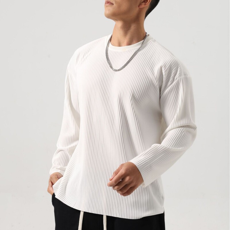 Round neck long sleeve men's plus size loose striped outdoor fitness leisure sports running spring and autumn drop shoulder sleeve shirt