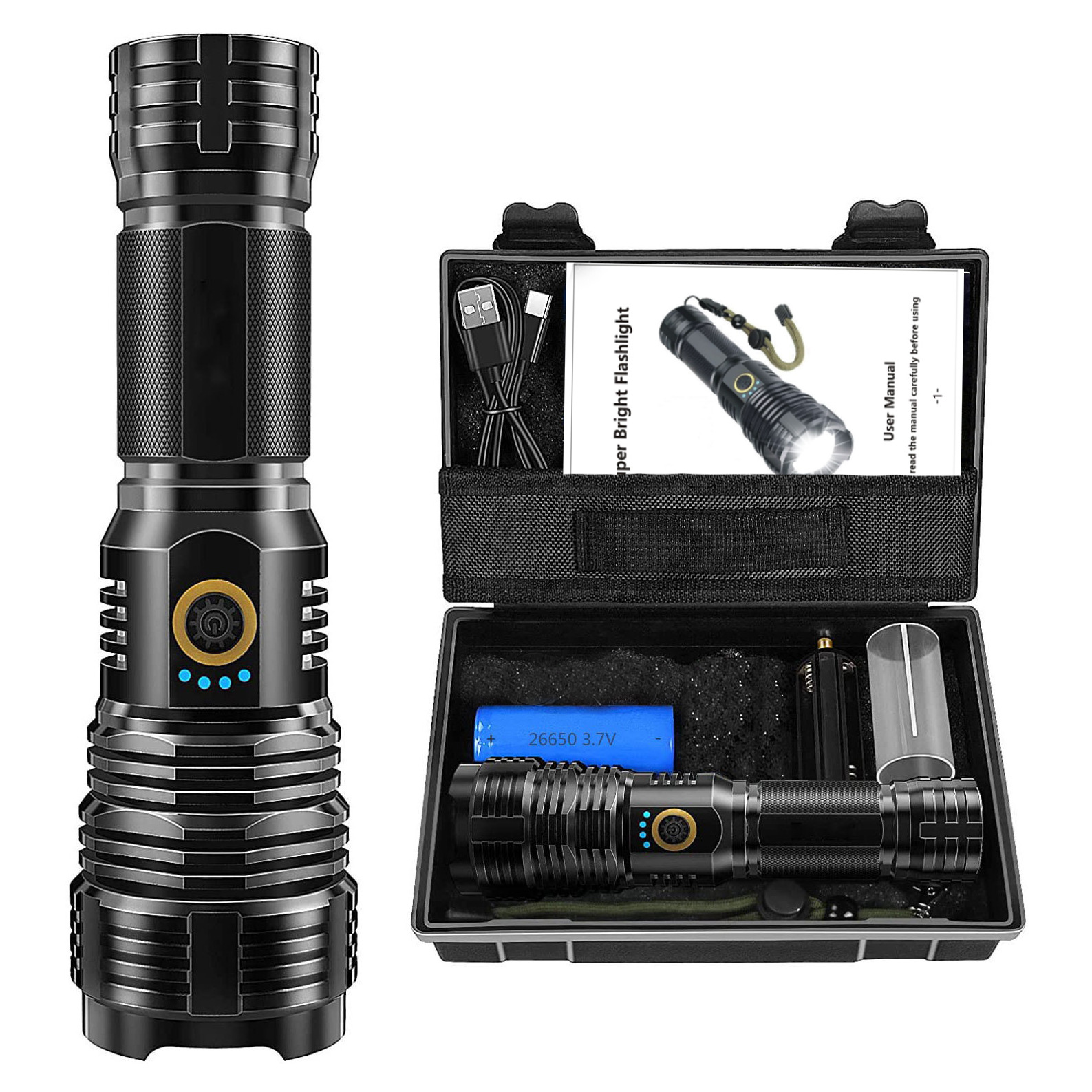 Cross-border p70 al aire libre linterna de luz fuerte multifunción telescópica de alta potencia super brillante recargable xhp70 linterna de luz fuerte