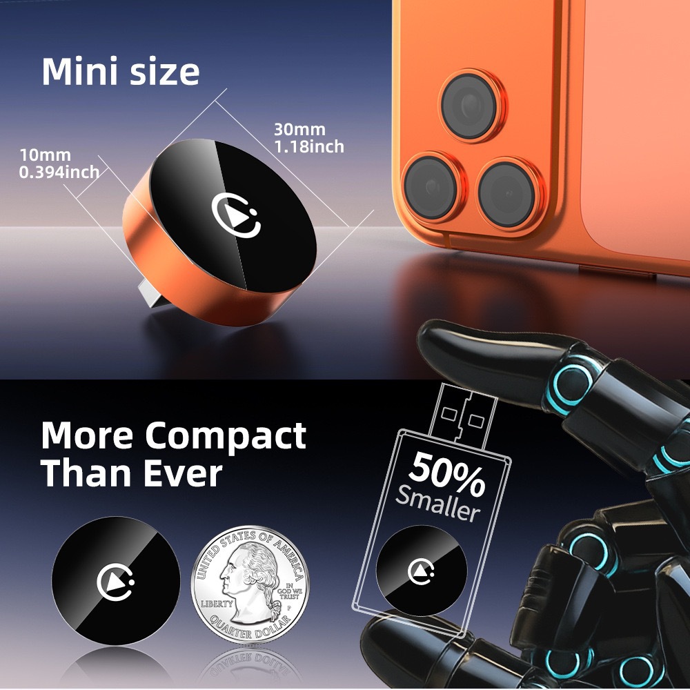 Apple Android 2-in-1 Carplay Box, Round Orange Wireless Car-To-Vehicle Connectivity Conversion Module