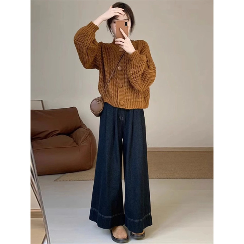 Salt Series Light Ripe Tea Series Milk Series Wear a Set of Matching Knitted Sweater Denim Pants Two-piece Suit Women's Autumn and Winter