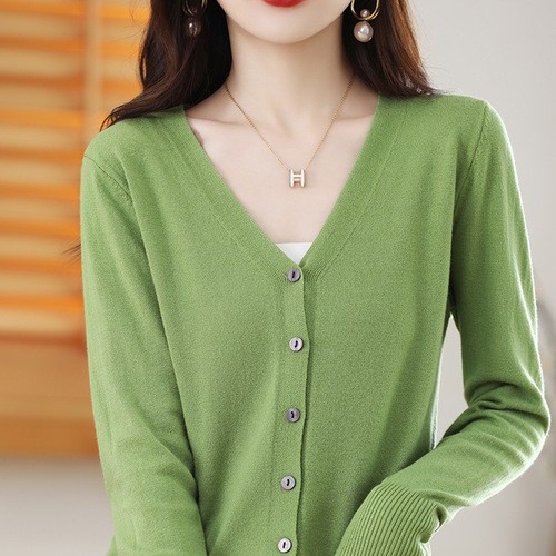 V-neck Spring and Summer Open Knit Top Long Sleeve Korean Style Slimming Fashion Women's Top for Layering Thin Single Color Outerwear