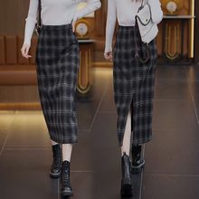 安可拉红加绒加厚毛呢冬季半身裙女秋冬长款松紧腰格子直筒一步裙