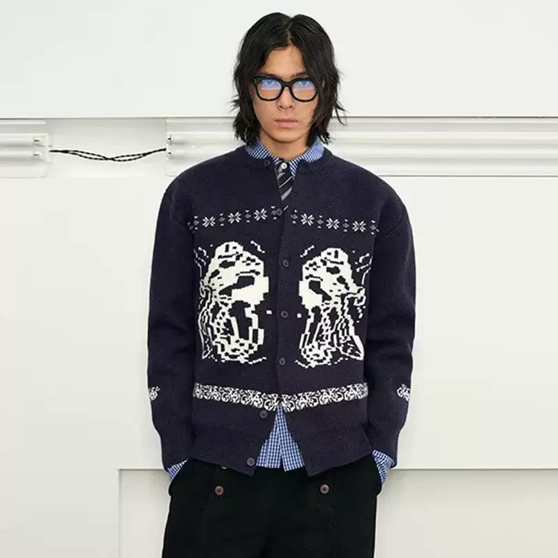 秋冬新款开衫针织衫毛衣男提花时尚短款潮牌保暖外套外贸跨境批发