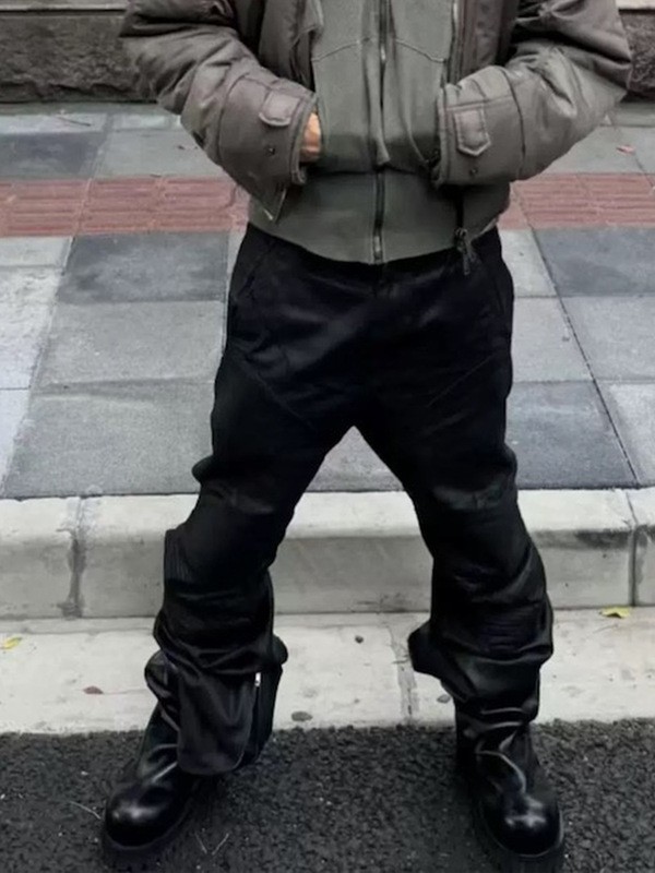 MIJKO メンズ レディース マイクロフレア ワックスニーパフ バイクパンツ ウエストバックルデザイン 機能的ブラックジーンズ|undefined