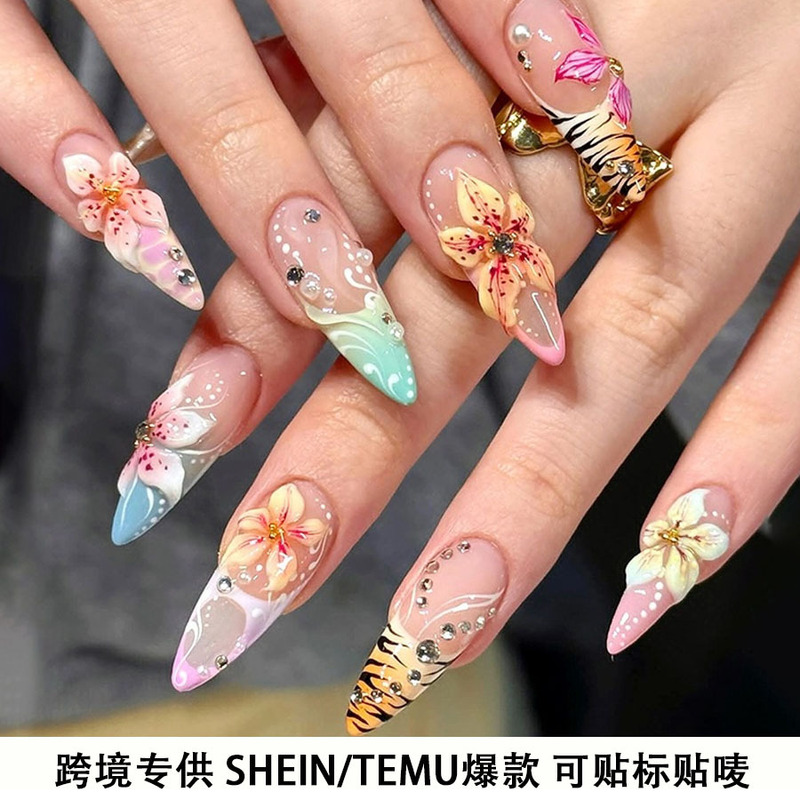 24 Pieces of Cross-Border European and American Style Wearable Nails with 3D Embossed Colorful Flowers, Almond-Shaped Nail Stickers, Removable Fake Nail Pieces