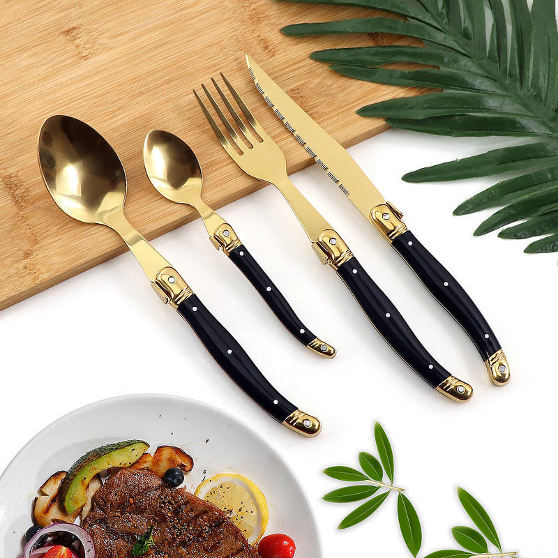 Gold titanium-plated stainless steel tableware plastic handle steak knife, fork and spoon daily Western tableware household manufacturer in stock